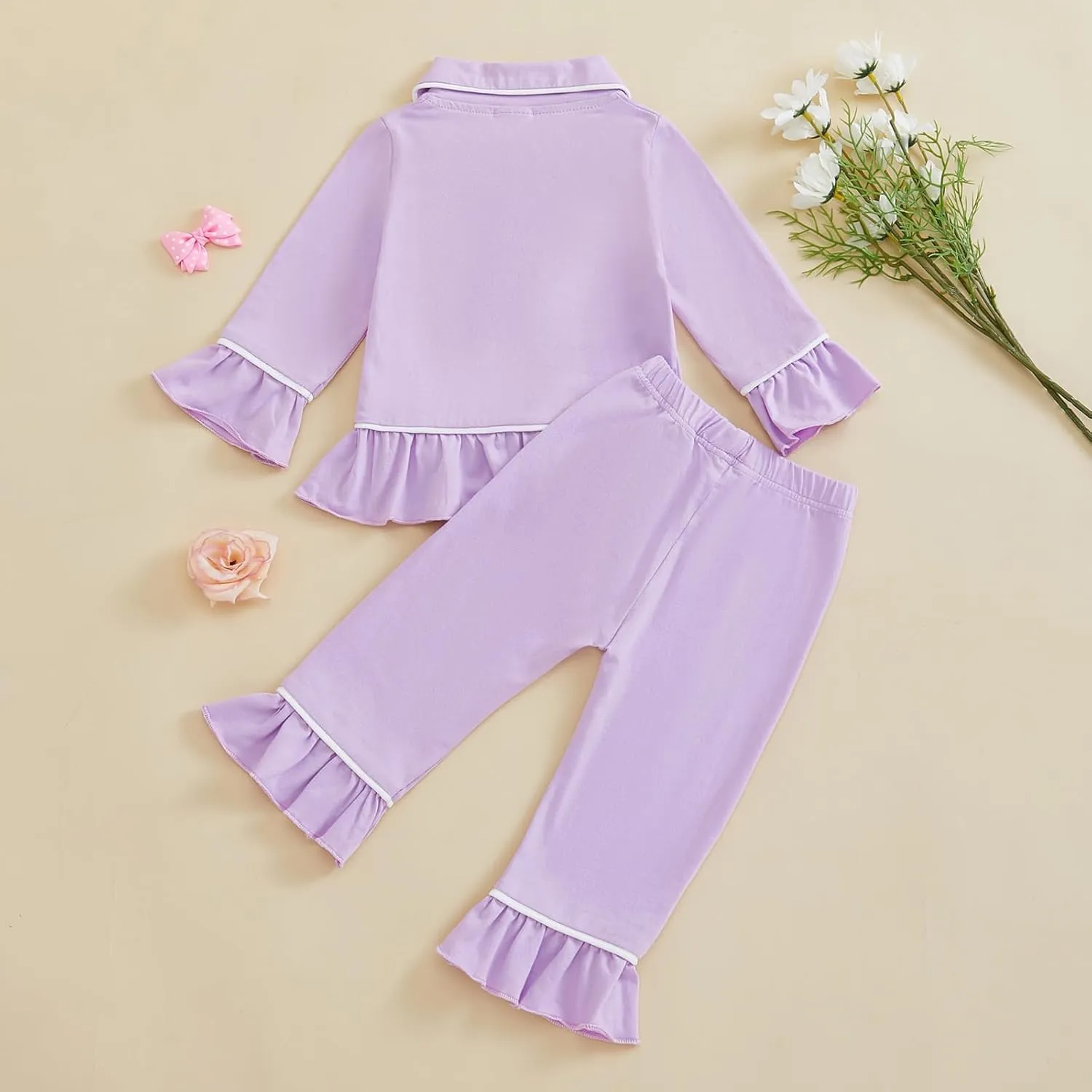 Baby Girls Ruffled Cotton Pajamas Set Long Sleeve Button Shirts Flared Pants Satin Silk Cute Pjs Matching Lounge Sets