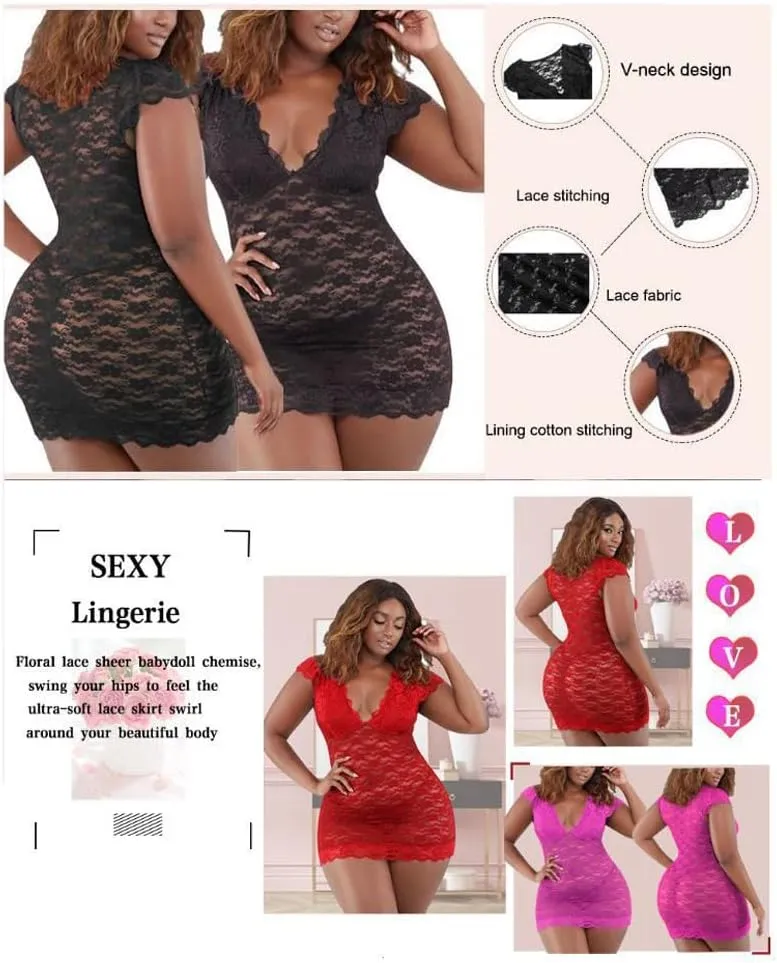 BaronHong Women's Plus Size Chemise Floral Lace Lingerie Bodysuit Mesh Babydoll Sleepwear
