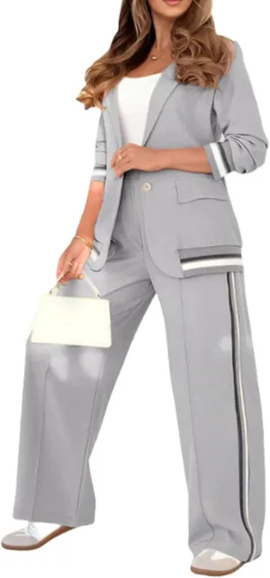Blazer Sets Women 2 Piece Outfits Ribbed Sets One Button Blazer and Wide Leg Pants Suits Casual Business Outfits