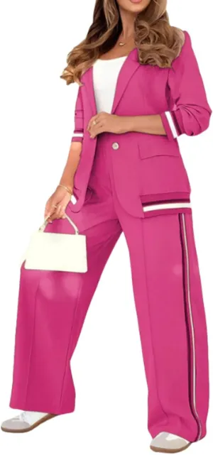 Blazer Sets Women 2 Piece Outfits Ribbed Sets One Button Blazer and Wide Leg Pants Suits Casual Business Outfits