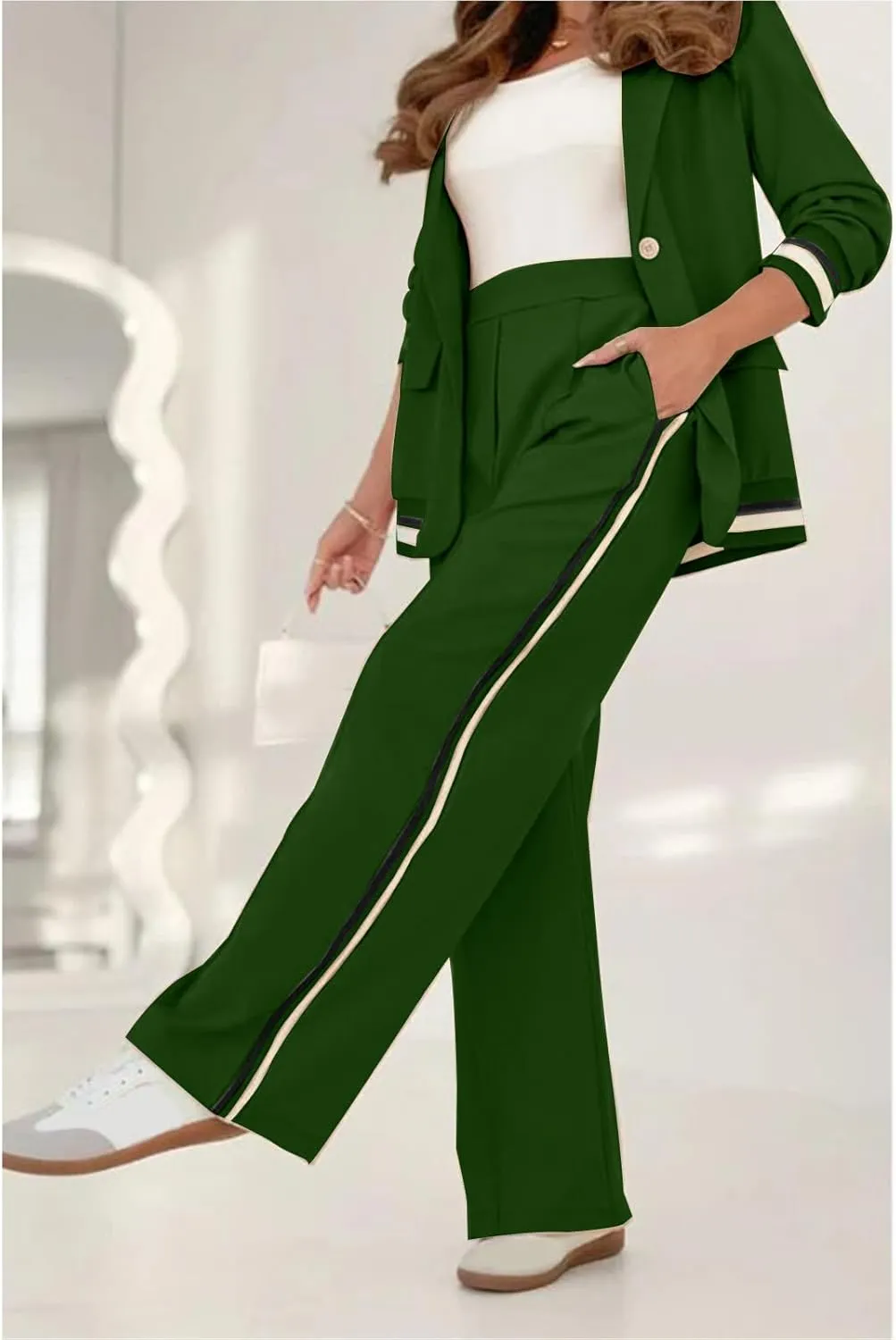 Blazer Sets Women 2 Piece Outfits Ribbed Sets One Button Blazer and Wide Leg Pants Suits Casual Business Outfits