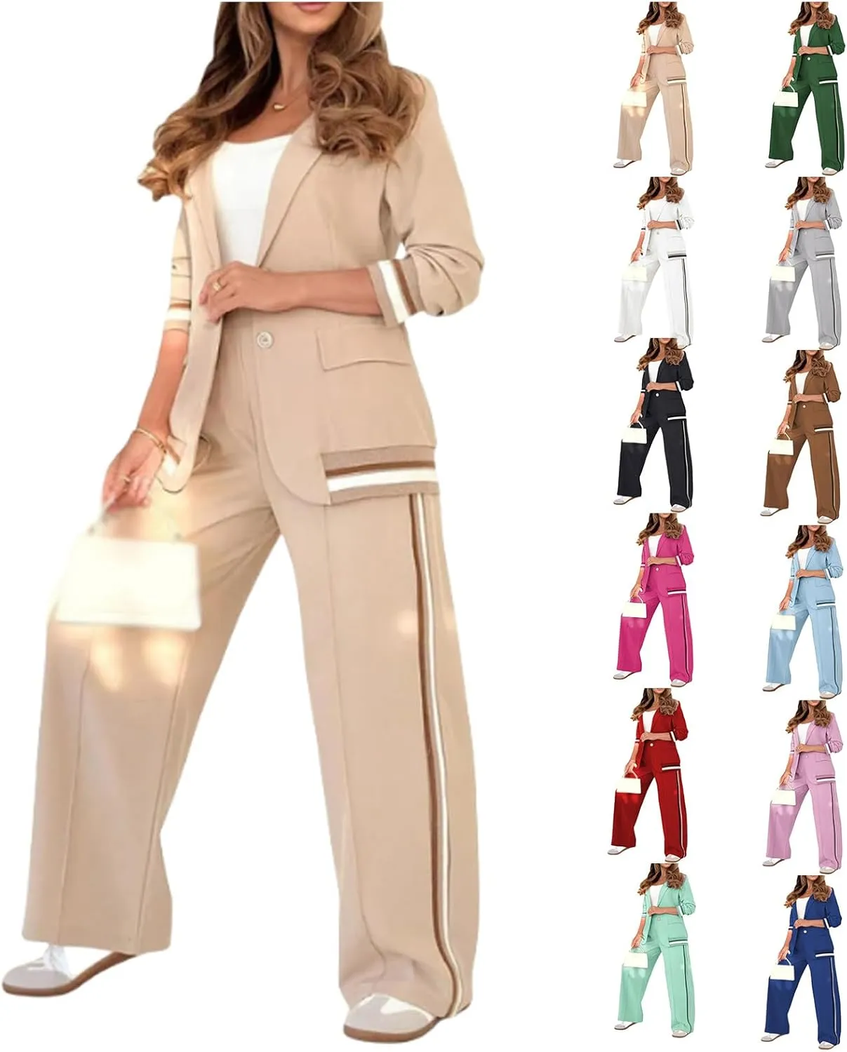 Blazer Sets Women 2 Piece Outfits Ribbed Sets One Button Blazer and Wide Leg Pants Suits Casual Business Outfits