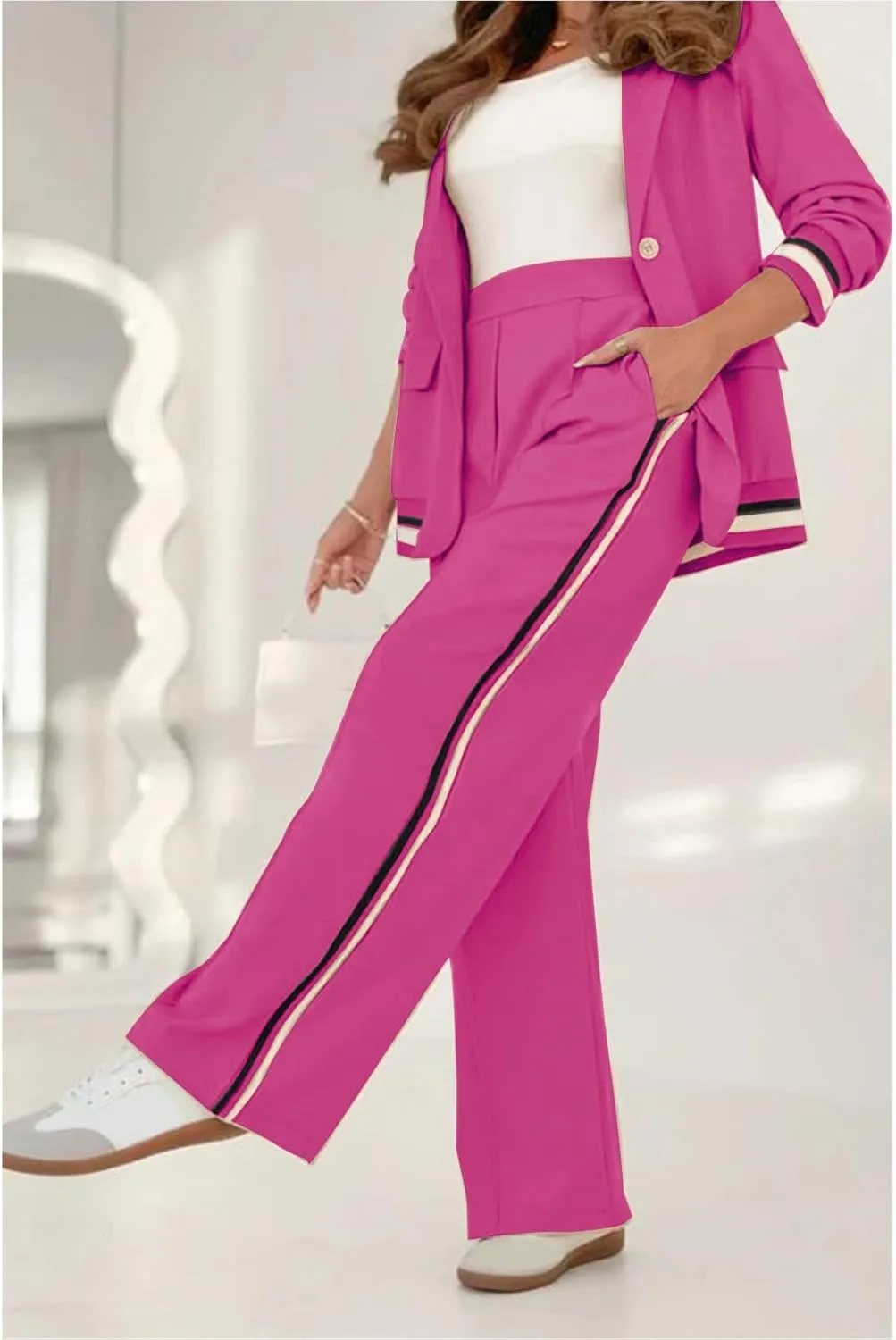 Blazer Sets Women 2 Piece Outfits Ribbed Sets One Button Blazer and Wide Leg Pants Suits Casual Business Outfits