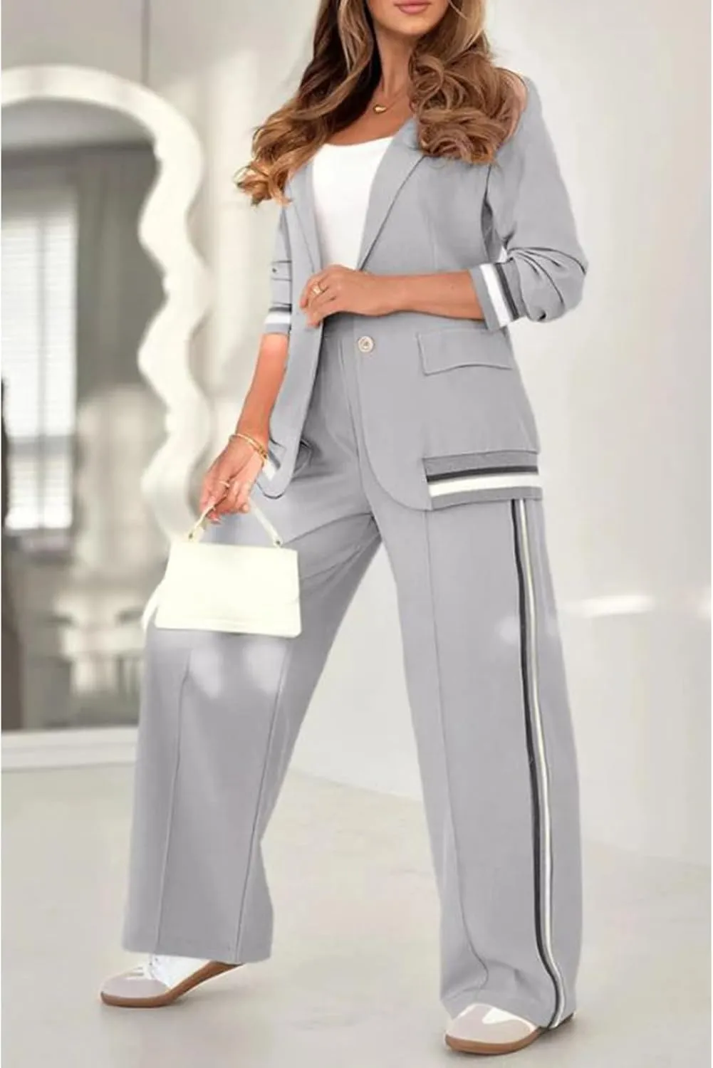 Blazer Sets Women 2 Piece Outfits Ribbed Sets One Button Blazer and Wide Leg Pants Suits Casual Business Outfits