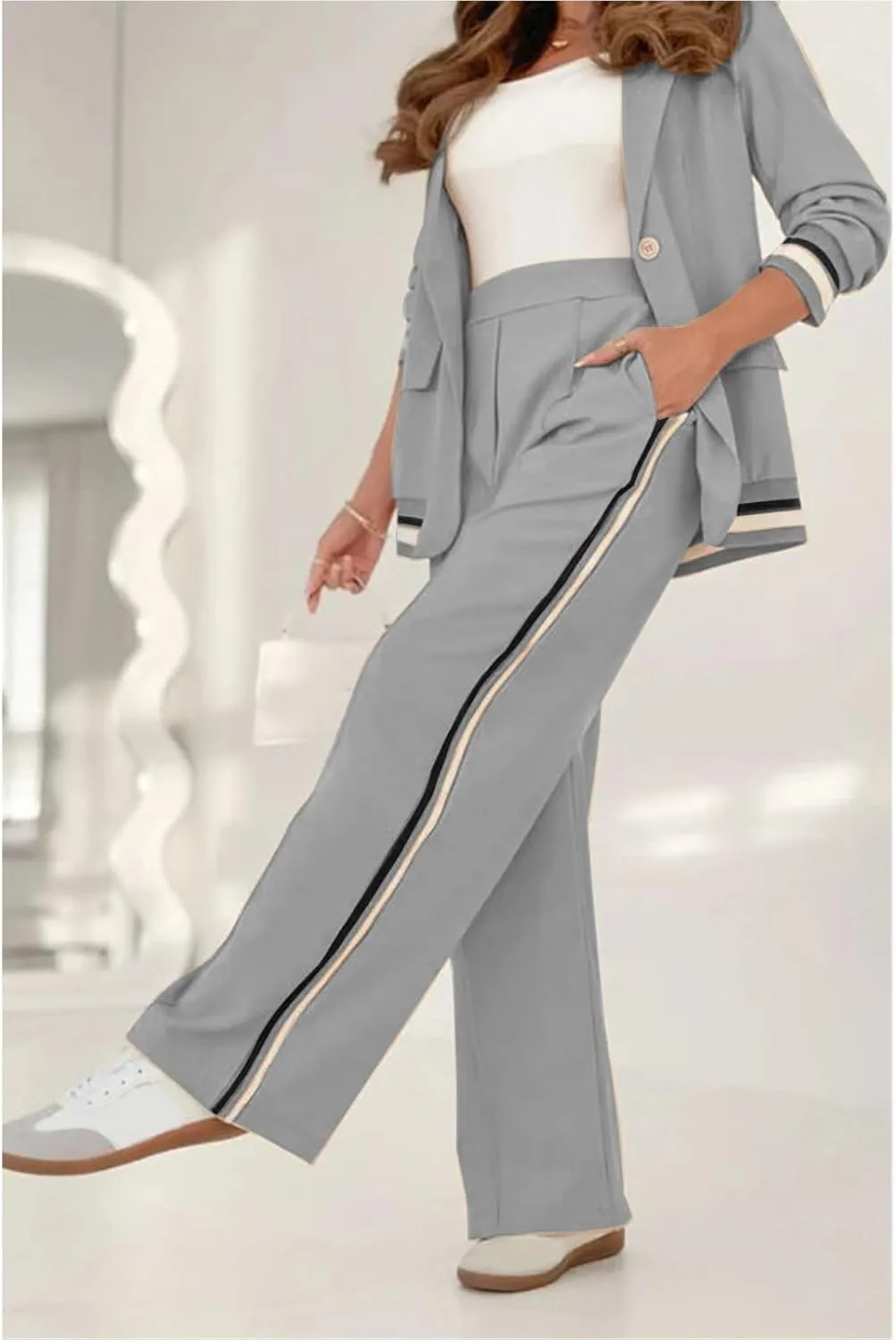Blazer Sets Women 2 Piece Outfits Ribbed Sets One Button Blazer and Wide Leg Pants Suits Casual Business Outfits