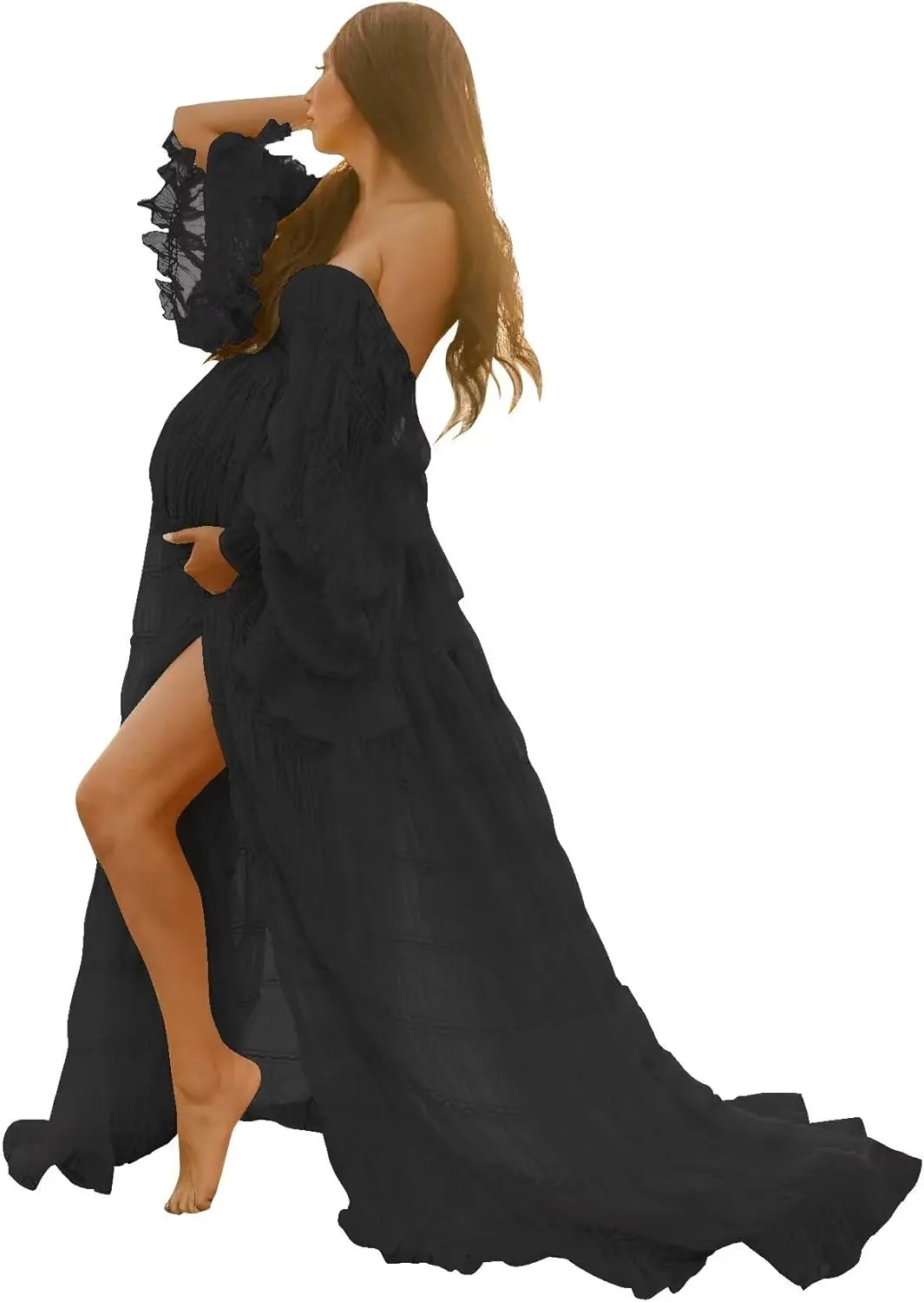 Boho Maternity Dresses for Photoshoot Tulle Robes Long Sleeve Off Shoulder Pregnancy Baby Shower Dress Bridal Lingerie