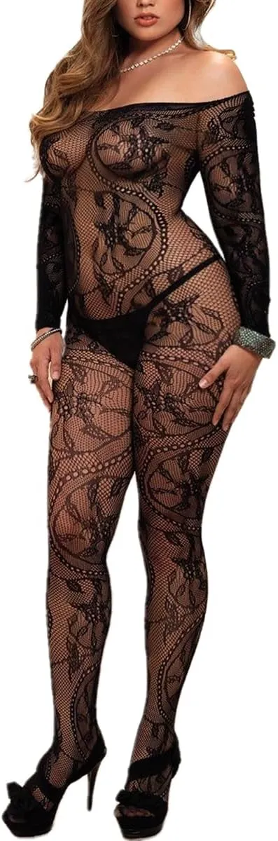 Buitifo Womens Fishnet Bodystocking Plus Size Crotchless Bodysuit Sexy Tights Soft Nightwear Lingerie