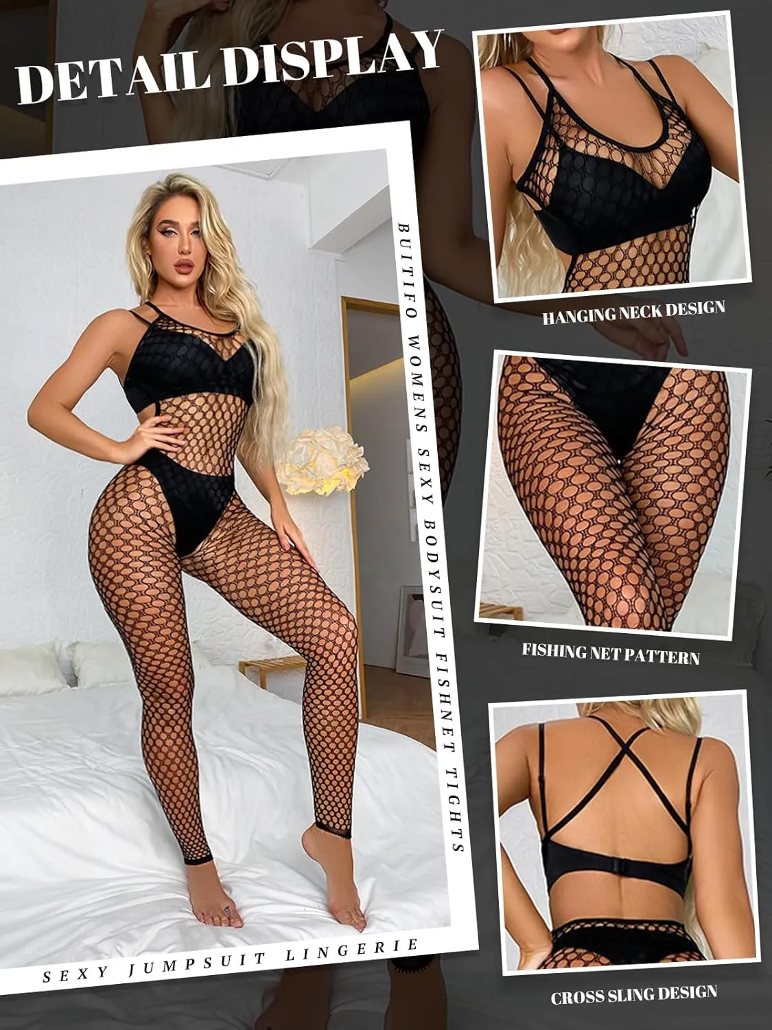 Buitifo Womens Fishnet Bodystocking Plus Size Crotchless Bodysuit Sexy Tights Soft Nightwear Lingerie