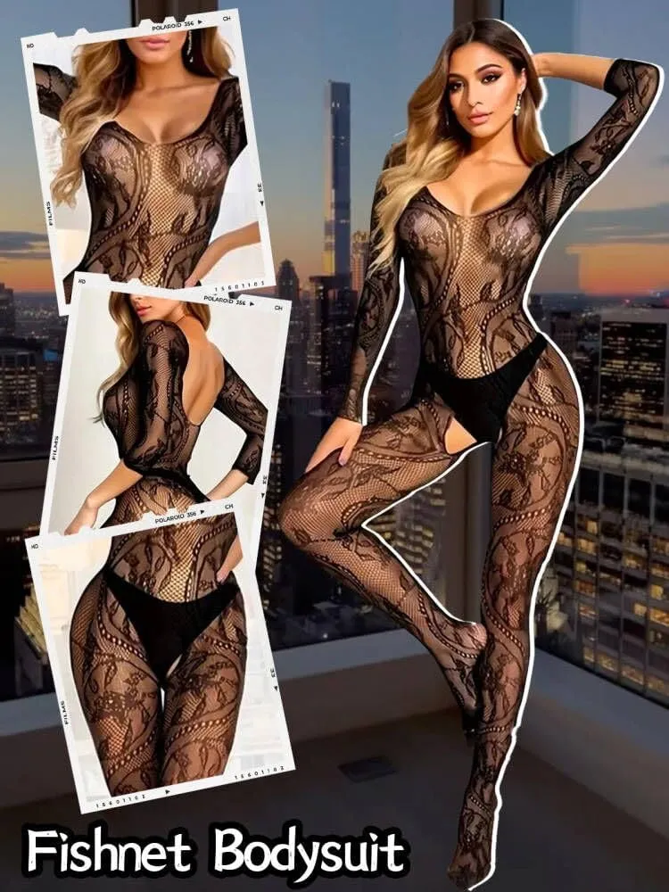 Buitifo Womens Fishnet Bodystocking Plus Size Crotchless Bodysuit Sexy Tights Soft Nightwear Lingerie