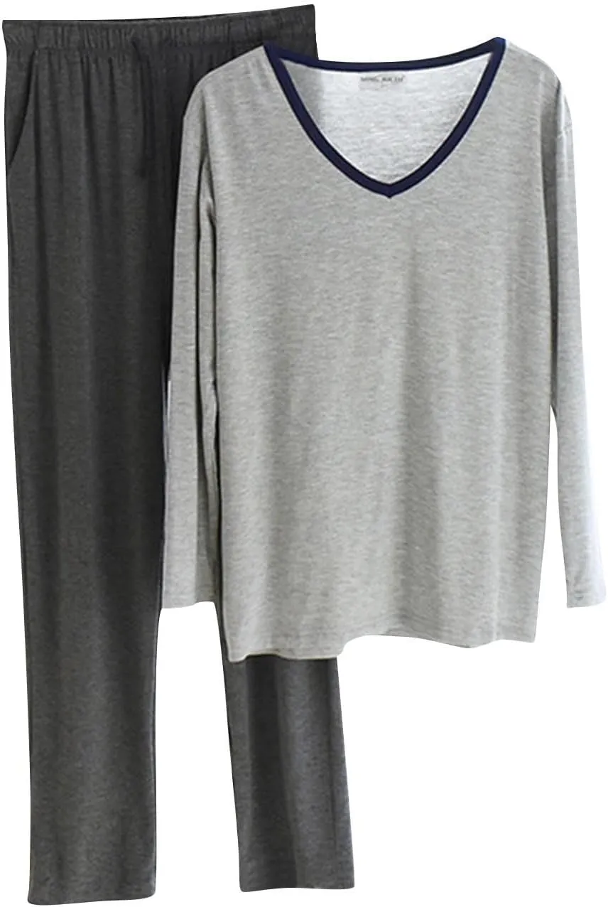 Cambkatl Men's Modal Soft Pajamas Sets Pullover Long Sleeve V Neck T-Shirt Comfy Pjs Pants 2 Piece Sleepwear Lounge Outfits