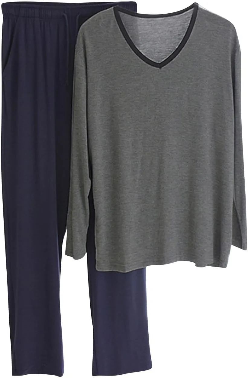 Cambkatl Men's Modal Soft Pajamas Sets Pullover Long Sleeve V Neck T-Shirt Comfy Pjs Pants 2 Piece Sleepwear Lounge Outfits