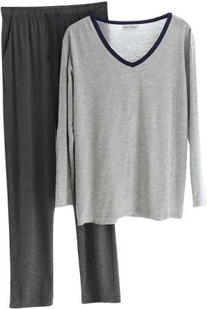 Cambkatl Men's Modal Soft Pajamas Sets Pullover Long Sleeve V Neck T-Shirt Comfy Pjs Pants 2 Piece Sleepwear Lounge Outfits