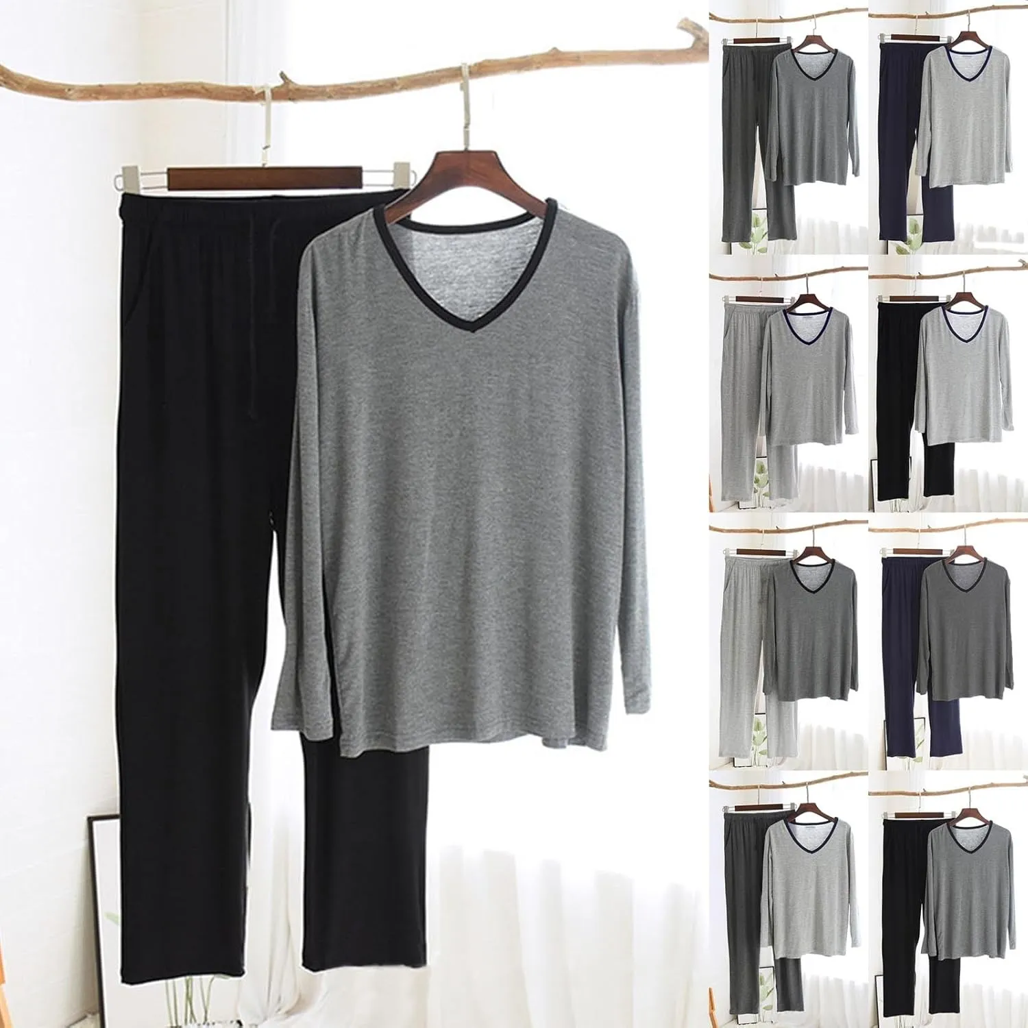Cambkatl Men's Modal Soft Pajamas Sets Pullover Long Sleeve V Neck T-Shirt Comfy Pjs Pants 2 Piece Sleepwear Lounge Outfits