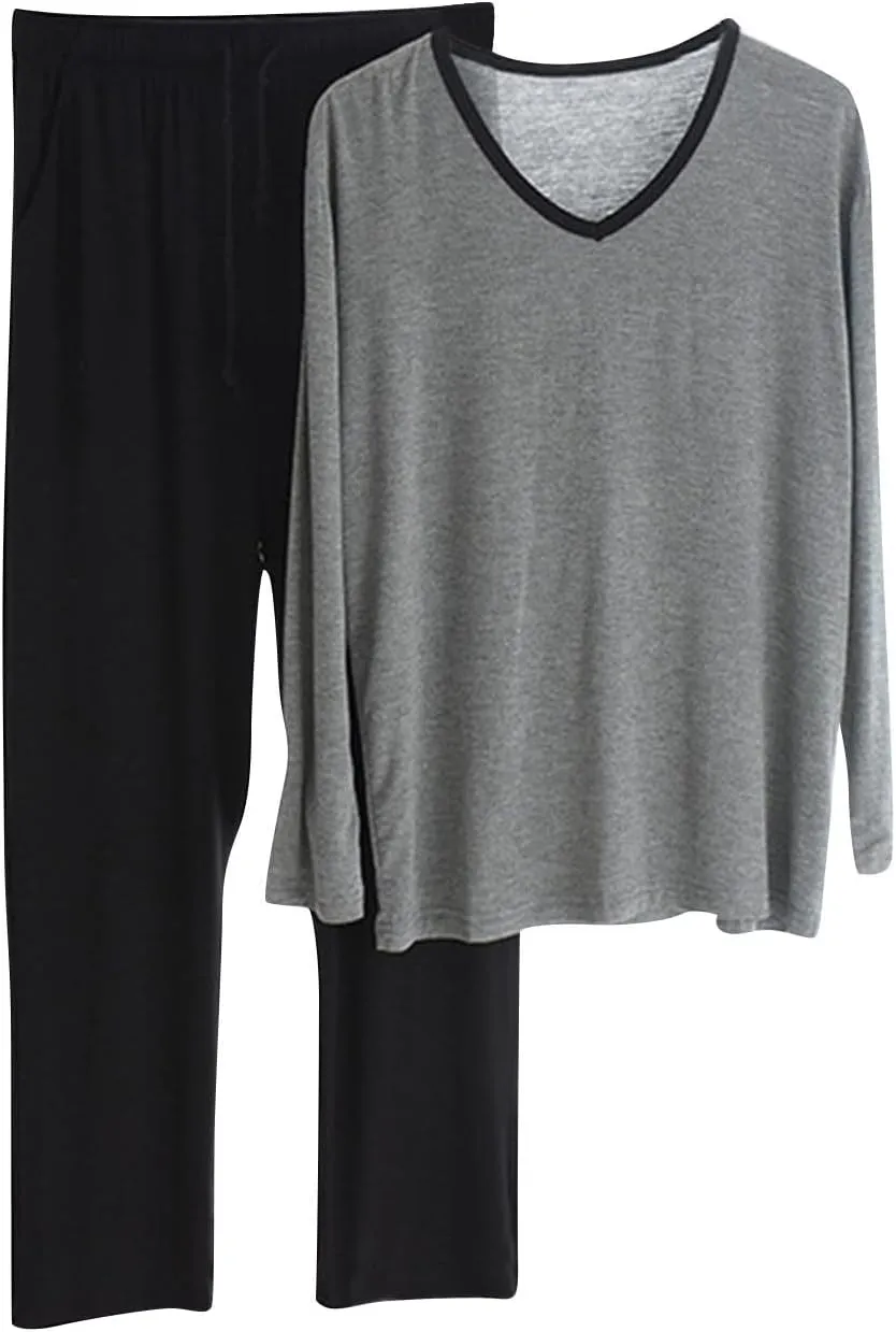 Cambkatl Men's Modal Soft Pajamas Sets Pullover Long Sleeve V Neck T-Shirt Comfy Pjs Pants 2 Piece Sleepwear Lounge Outfits