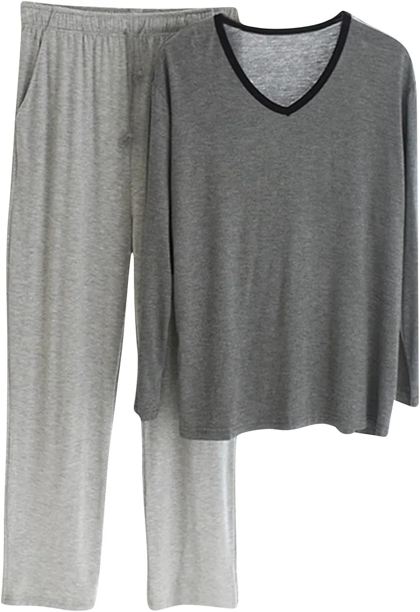 Cambkatl Men's Modal Soft Pajamas Sets Pullover Long Sleeve V Neck T-Shirt Comfy Pjs Pants 2 Piece Sleepwear Lounge Outfits