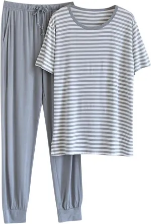 Cambkatl Men's Summer Pajamas Sets Casual Striped Short Sleeve T-Shirt Comfy Pjs Pants 2 Piece Sleepwear Lounge Outfits