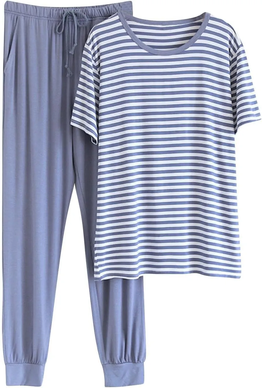 Cambkatl Men's Summer Pajamas Sets Casual Striped Short Sleeve T-Shirt Comfy Pjs Pants 2 Piece Sleepwear Lounge Outfits
