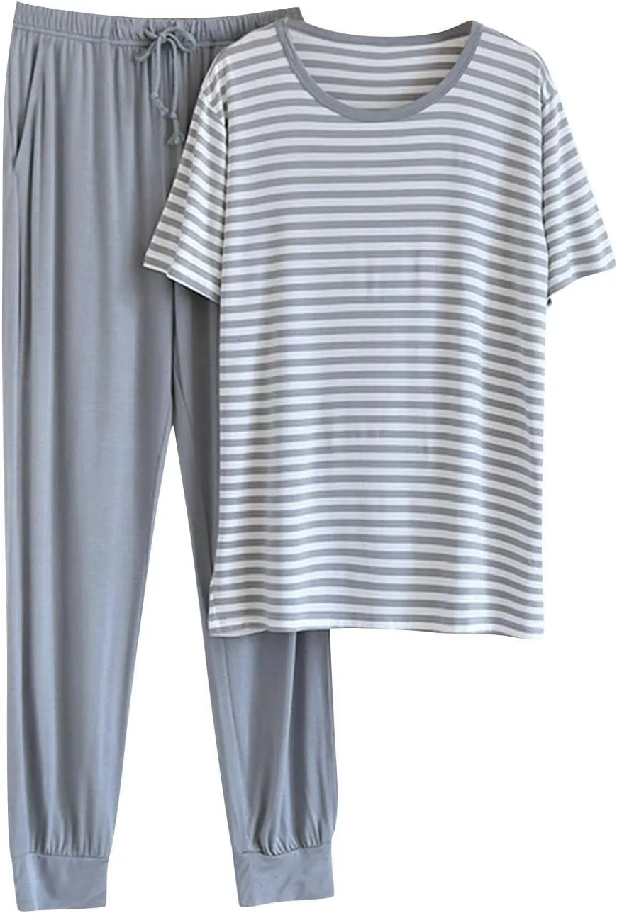 Cambkatl Men's Summer Pajamas Sets Casual Striped Short Sleeve T-Shirt Comfy Pjs Pants 2 Piece Sleepwear Lounge Outfits