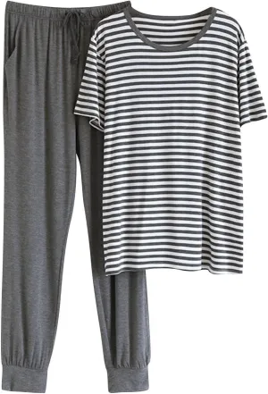 Cambkatl Men's Summer Pajamas Sets Casual Striped Short Sleeve T-Shirt Comfy Pjs Pants 2 Piece Sleepwear Lounge Outfits