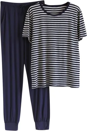Cambkatl Men's Summer Pajamas Sets Casual Striped Short Sleeve T-Shirt Comfy Pjs Pants 2 Piece Sleepwear Lounge Outfits