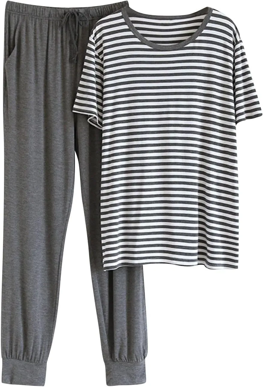 Cambkatl Men's Summer Pajamas Sets Casual Striped Short Sleeve T-Shirt Comfy Pjs Pants 2 Piece Sleepwear Lounge Outfits