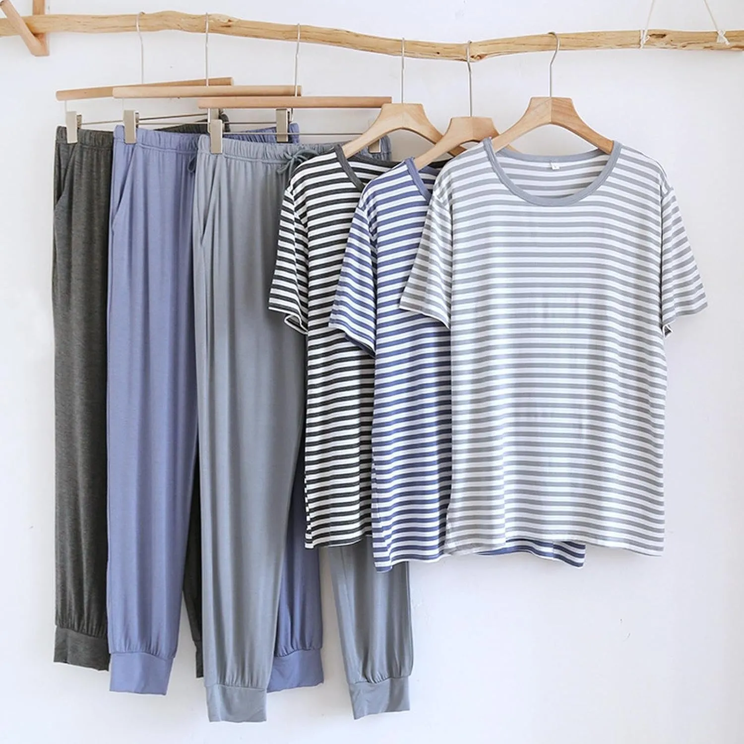 Cambkatl Men's Summer Pajamas Sets Casual Striped Short Sleeve T-Shirt Comfy Pjs Pants 2 Piece Sleepwear Lounge Outfits