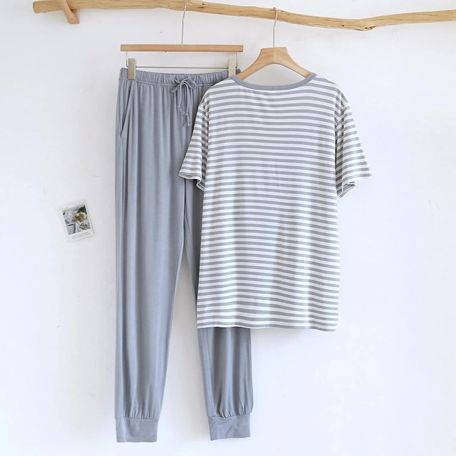 Cambkatl Men's Summer Pajamas Sets Casual Striped Short Sleeve T-Shirt Comfy Pjs Pants 2 Piece Sleepwear Lounge Outfits