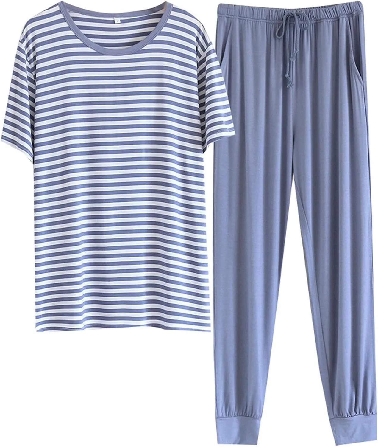 Cambkatl Men's Summer Pajamas Sets Casual Striped Short Sleeve T-Shirt Comfy Pjs Pants 2 Piece Sleepwear Lounge Outfits