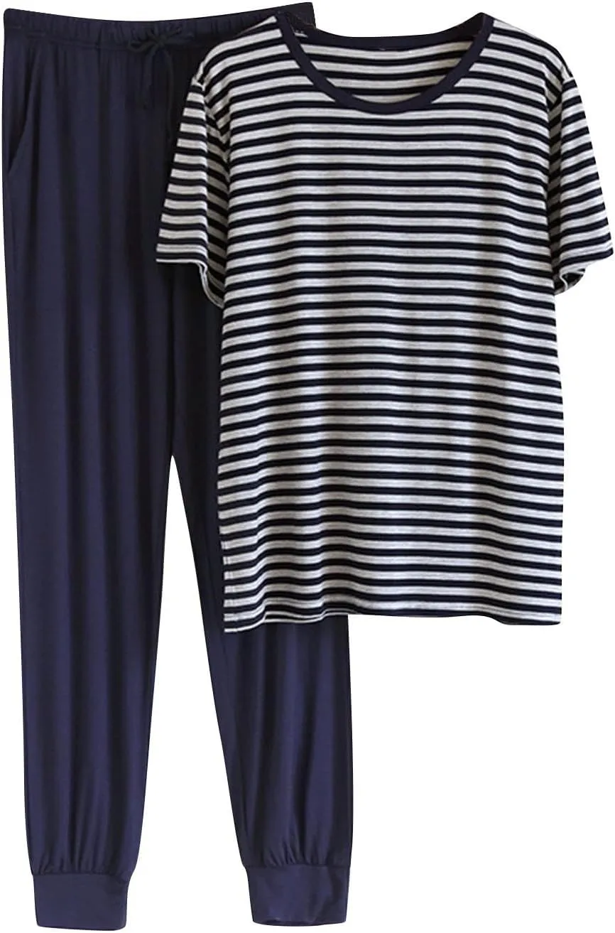 Cambkatl Men's Summer Pajamas Sets Casual Striped Short Sleeve T-Shirt Comfy Pjs Pants 2 Piece Sleepwear Lounge Outfits
