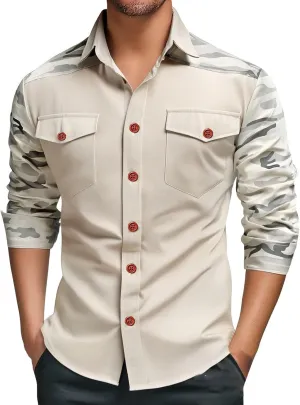 Camo Cargo Shirts for Men Long Sleeve Lightweight Button Down Military Hiking Shirts Sun Protection Fishing Shirt