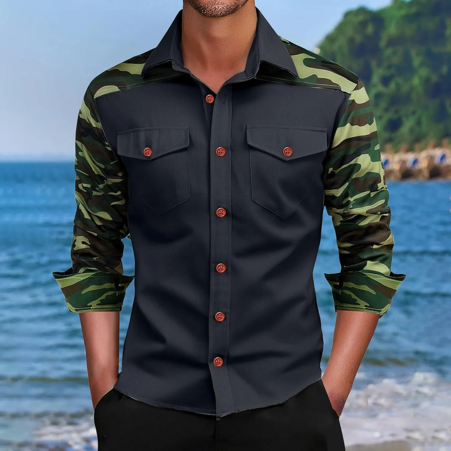 Camo Cargo Shirts for Men Long Sleeve Lightweight Button Down Military Hiking Shirts Sun Protection Fishing Shirt