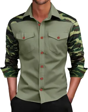 Camo Cargo Shirts for Men Long Sleeve Lightweight Button Down Military Hiking Shirts Sun Protection Fishing Shirt