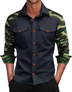 Camo Cargo Shirts for Men Long Sleeve Lightweight Button Down Military Hiking Shirts Sun Protection Fishing Shirt