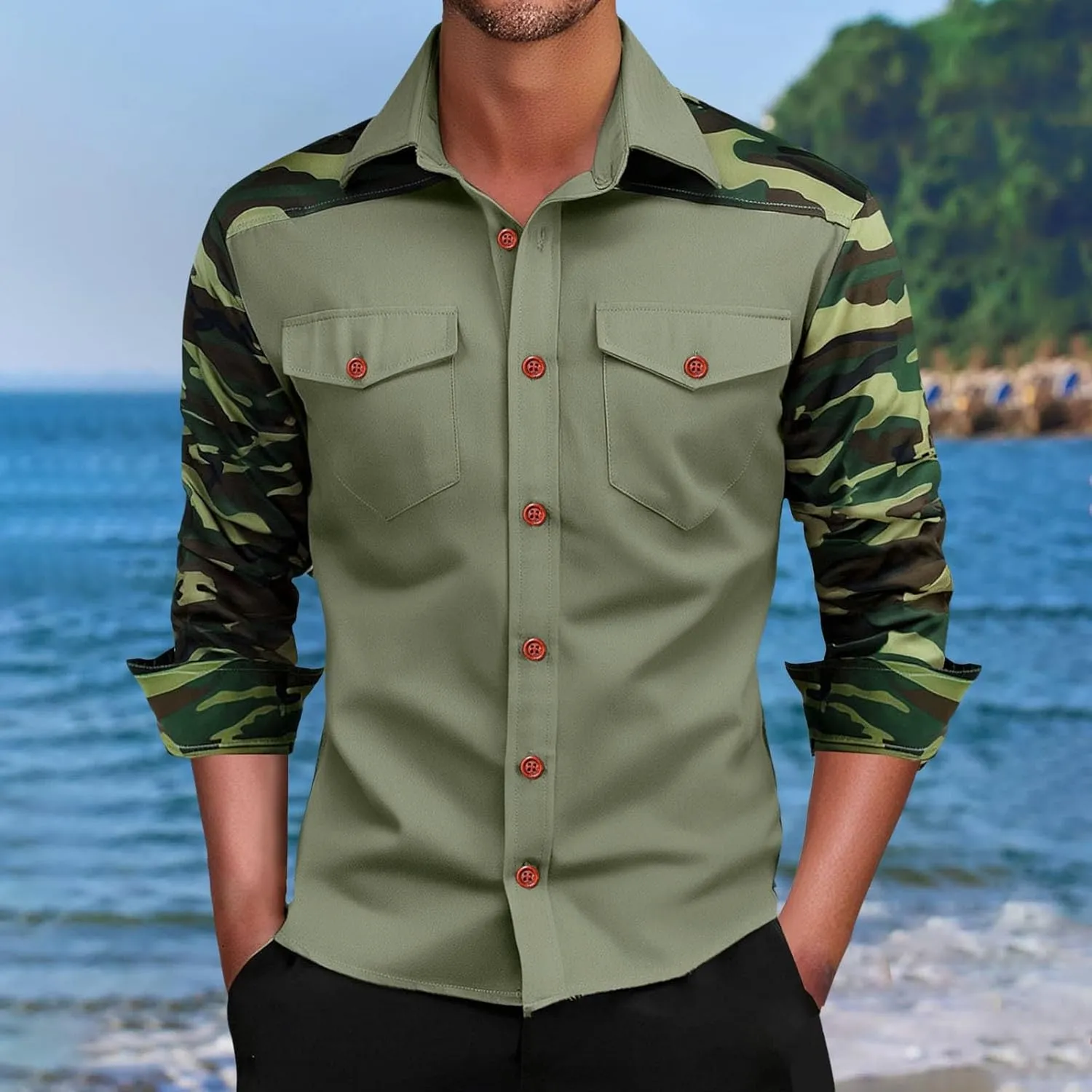 Camo Cargo Shirts for Men Long Sleeve Lightweight Button Down Military Hiking Shirts Sun Protection Fishing Shirt