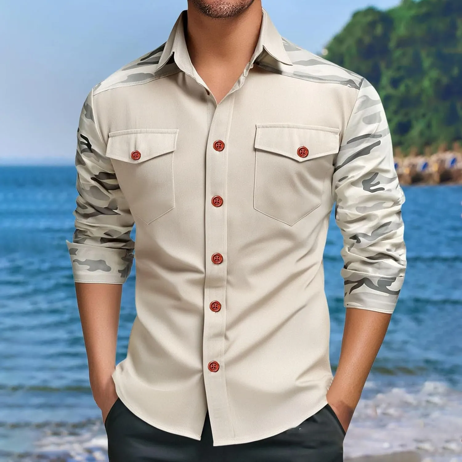 Camo Cargo Shirts for Men Long Sleeve Lightweight Button Down Military Hiking Shirts Sun Protection Fishing Shirt