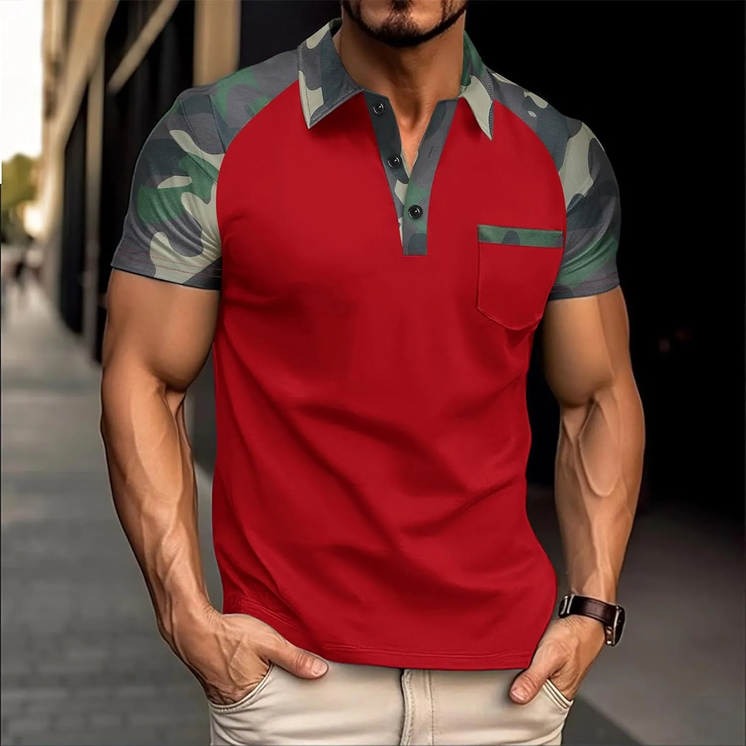 Camouflage Polo T Shirts for Men Slim Fit Raglan Short Sleeve Half Button Tactical Golf Shirts Tennis Muscle Shirt