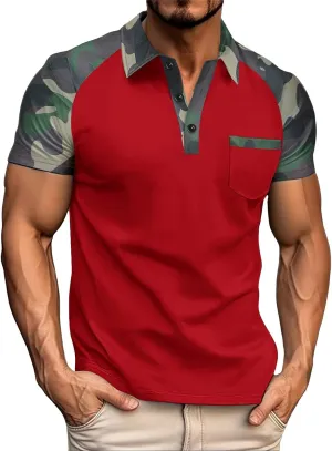 Camouflage Polo T Shirts for Men Slim Fit Raglan Short Sleeve Half Button Tactical Golf Shirts Tennis Muscle Shirt