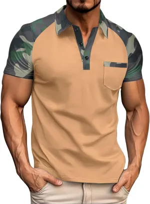 Camouflage Polo T Shirts for Men Slim Fit Raglan Short Sleeve Half Button Tactical Golf Shirts Tennis Muscle Shirt