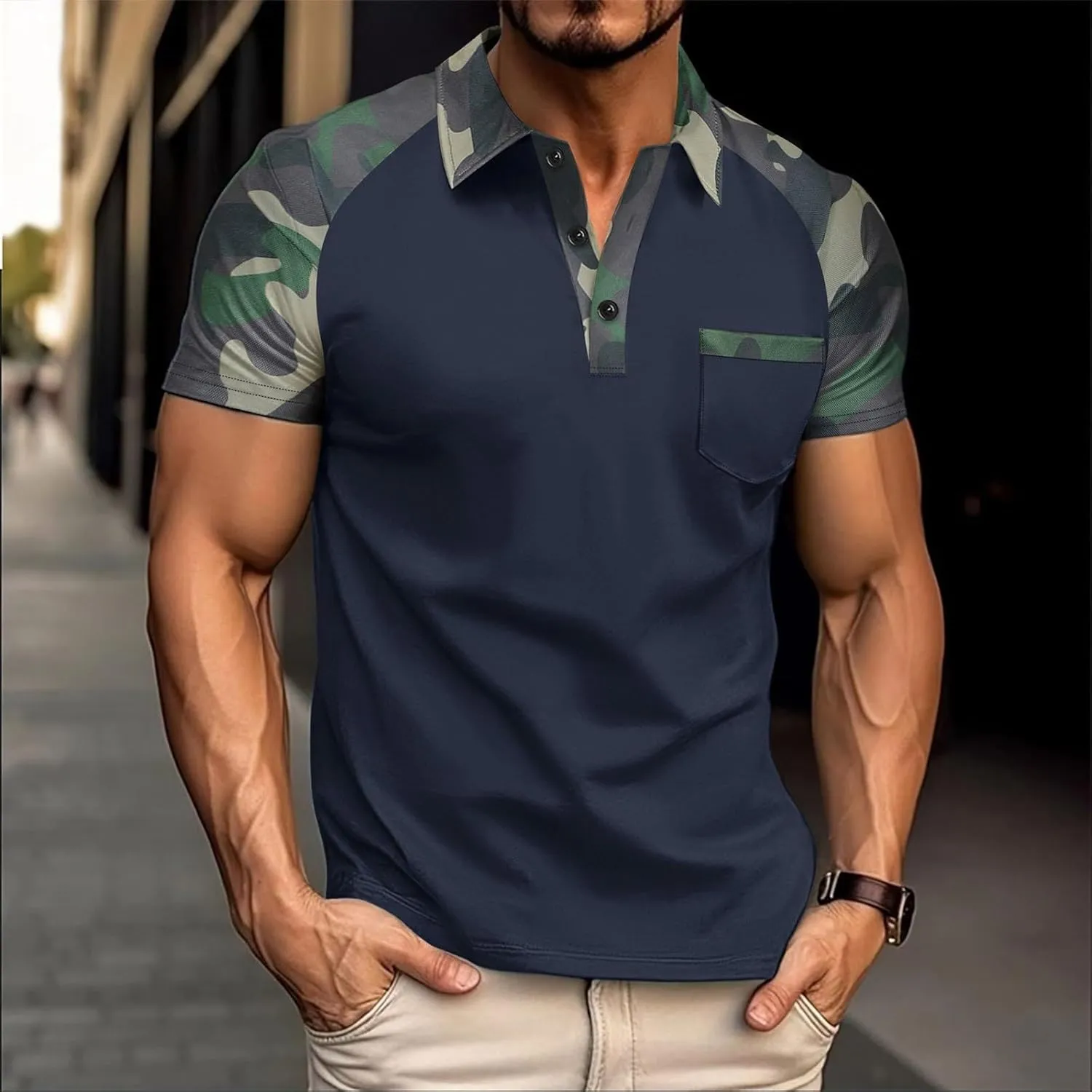 Camouflage Polo T Shirts for Men Slim Fit Raglan Short Sleeve Half Button Tactical Golf Shirts Tennis Muscle Shirt