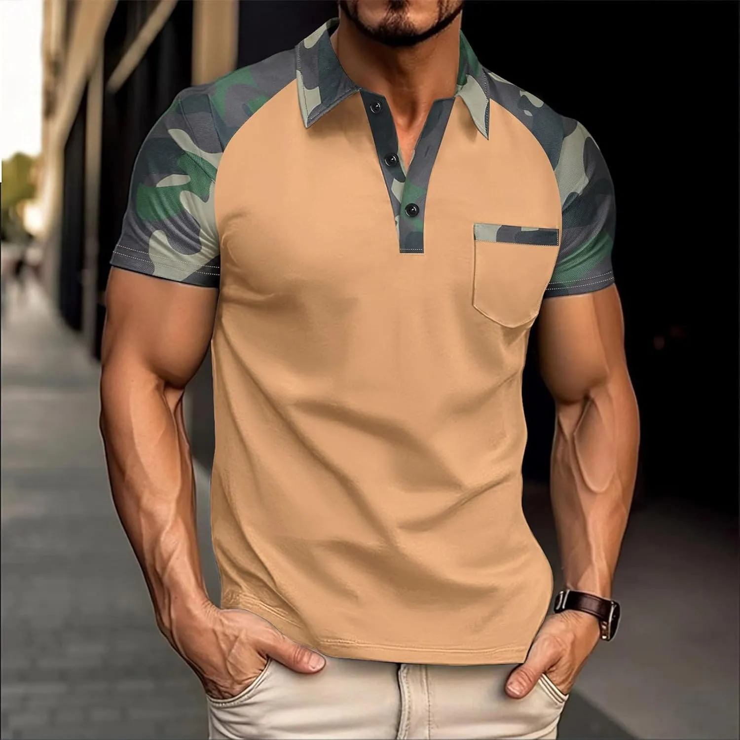 Camouflage Polo T Shirts for Men Slim Fit Raglan Short Sleeve Half Button Tactical Golf Shirts Tennis Muscle Shirt