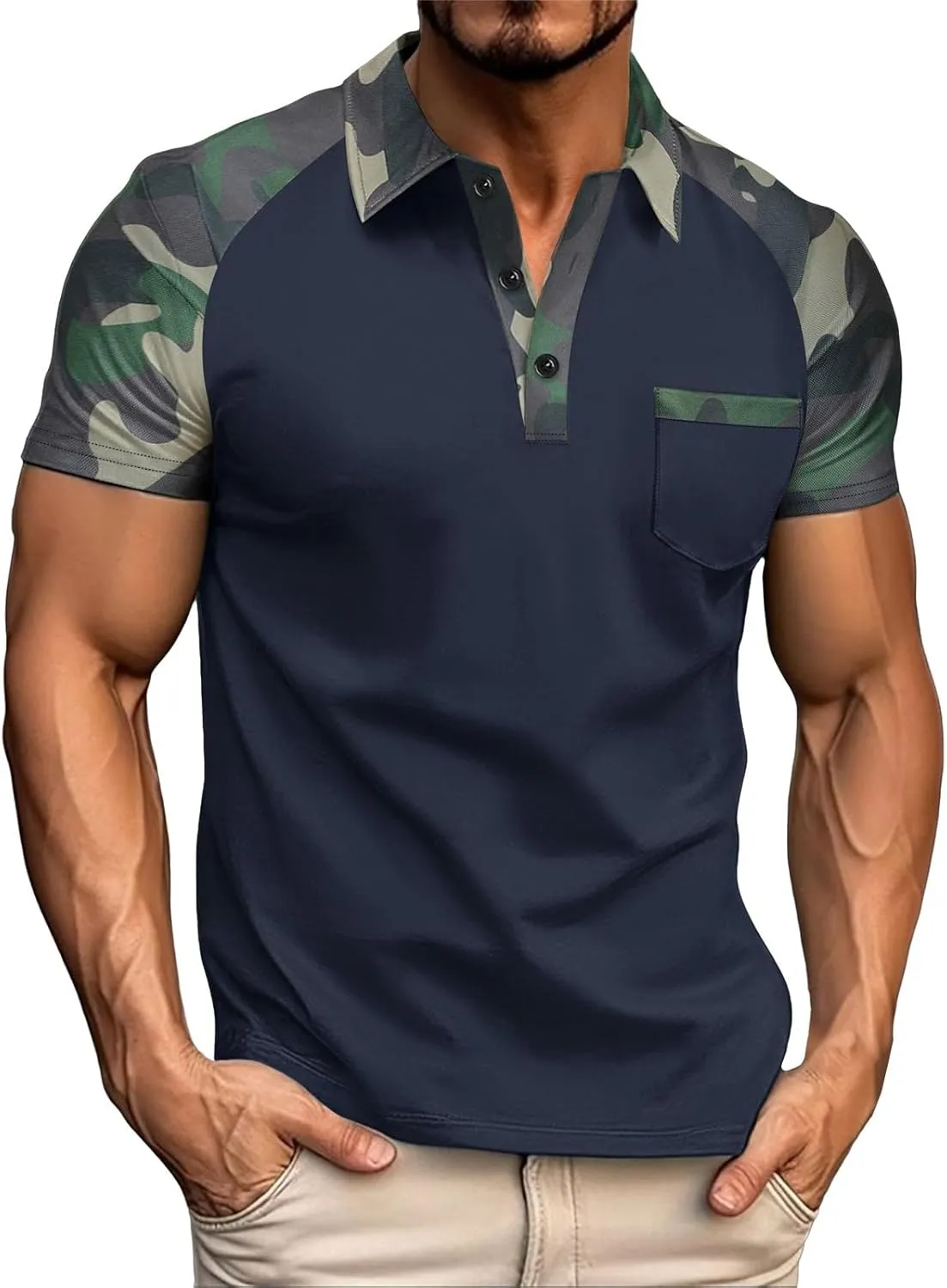 Camouflage Polo T Shirts for Men Slim Fit Raglan Short Sleeve Half Button Tactical Golf Shirts Tennis Muscle Shirt