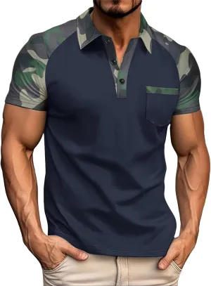 Camouflage Polo T Shirts for Men Slim Fit Raglan Short Sleeve Half Button Tactical Golf Shirts Tennis Muscle Shirt