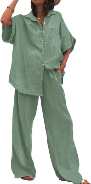 Canbebig Linen Set for Women Oversized Button Down Short Sleeve Blouses and Wide Leg Pants Sets Casual Loose Pants Suits