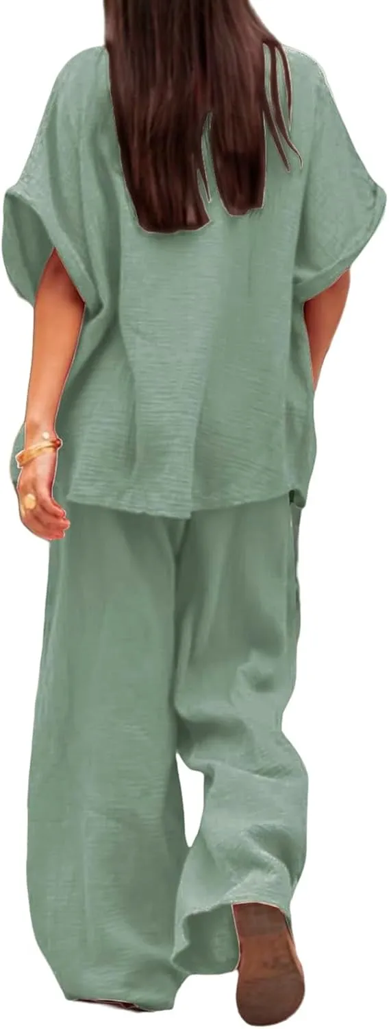 Canbebig Linen Set for Women Oversized Button Down Short Sleeve Blouses and Wide Leg Pants Sets Casual Loose Pants Suits