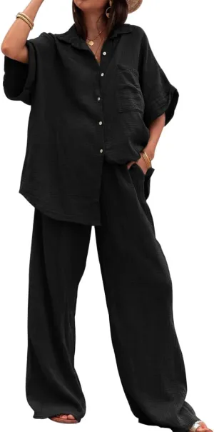 Canbebig Linen Set for Women Oversized Button Down Short Sleeve Blouses and Wide Leg Pants Sets Casual Loose Pants Suits