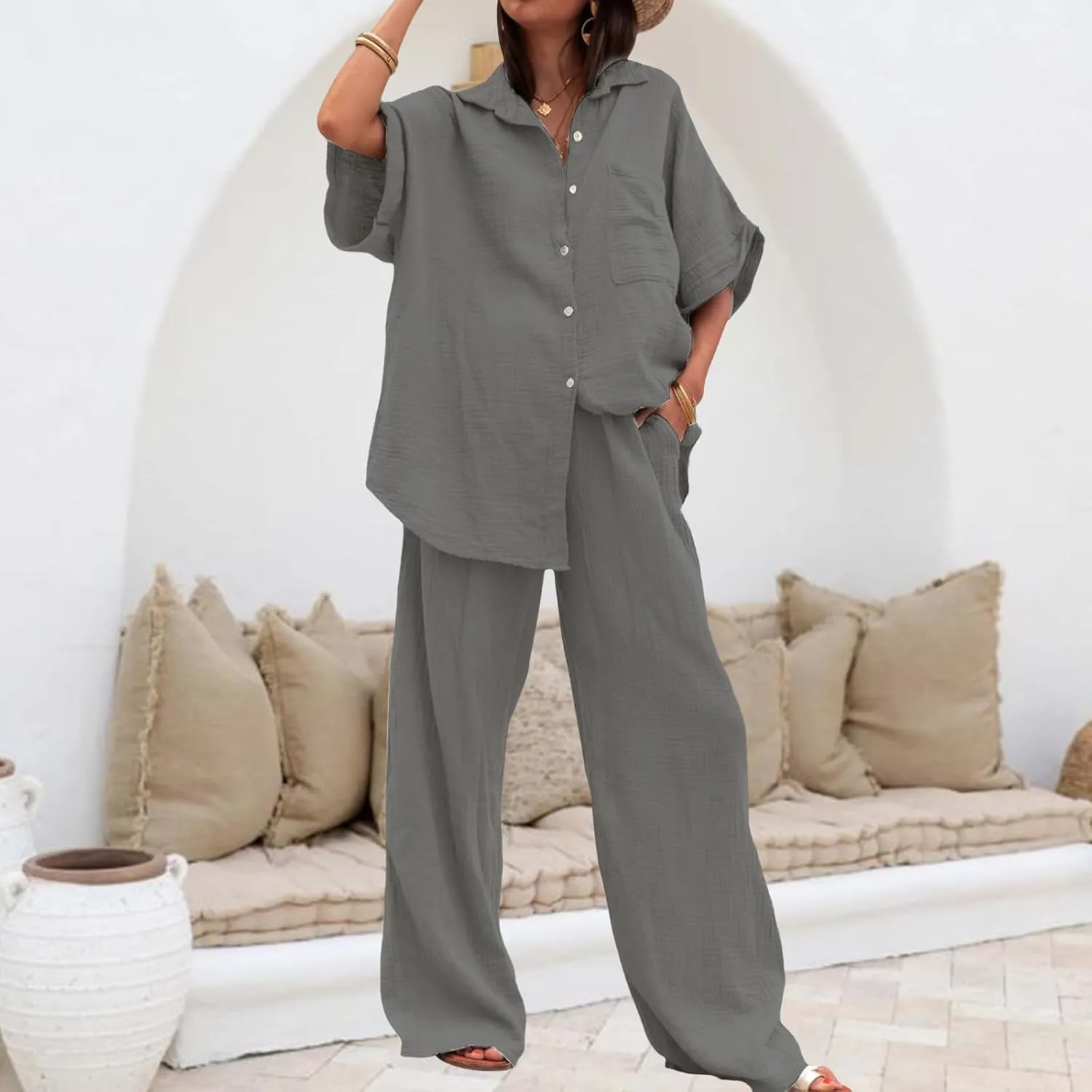 Canbebig Linen Set for Women Oversized Button Down Short Sleeve Blouses and Wide Leg Pants Sets Casual Loose Pants Suits