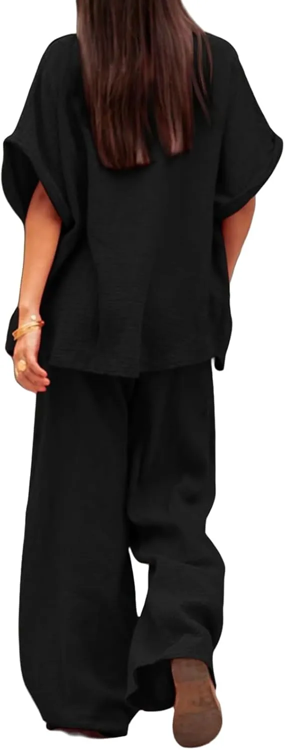 Canbebig Linen Set for Women Oversized Button Down Short Sleeve Blouses and Wide Leg Pants Sets Casual Loose Pants Suits