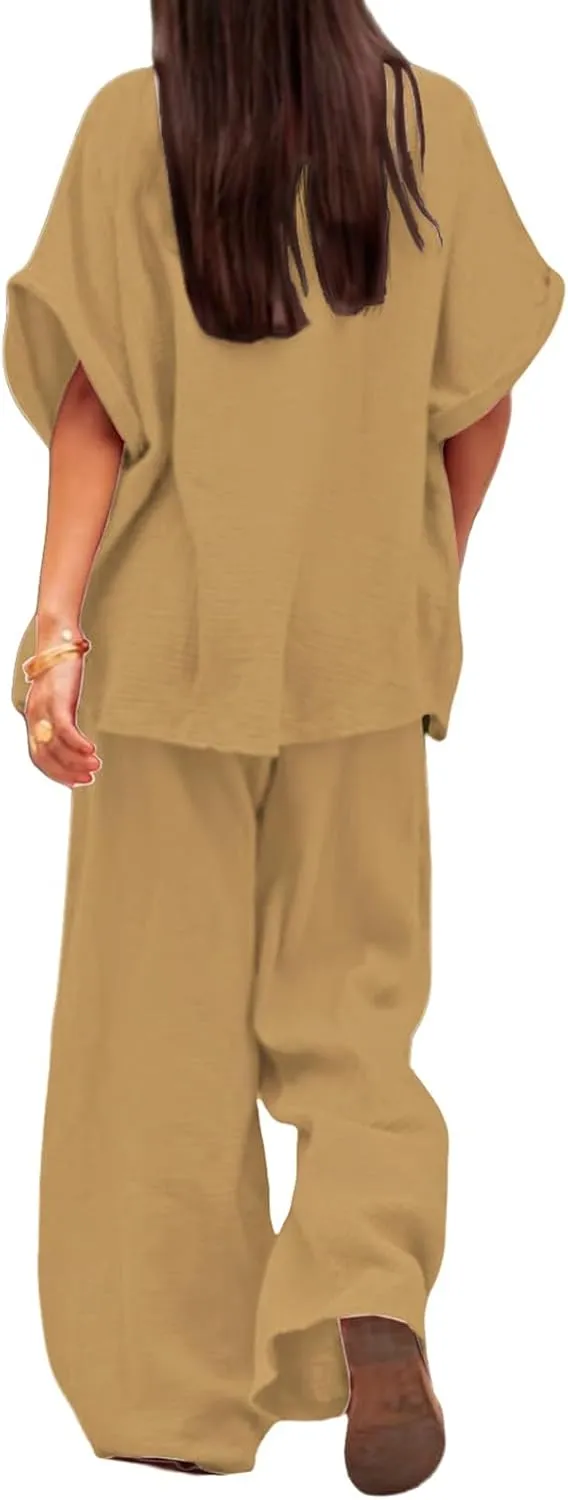 Canbebig Linen Set for Women Oversized Button Down Short Sleeve Blouses and Wide Leg Pants Sets Casual Loose Pants Suits