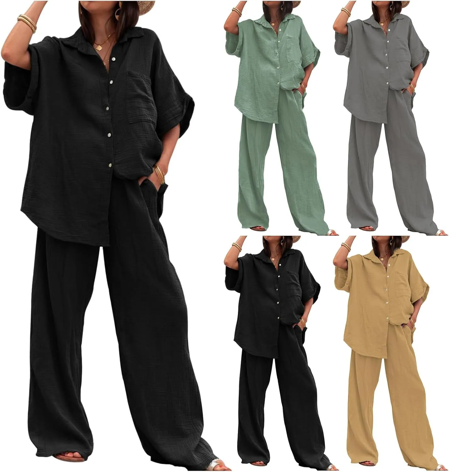 Canbebig Linen Set for Women Oversized Button Down Short Sleeve Blouses and Wide Leg Pants Sets Casual Loose Pants Suits