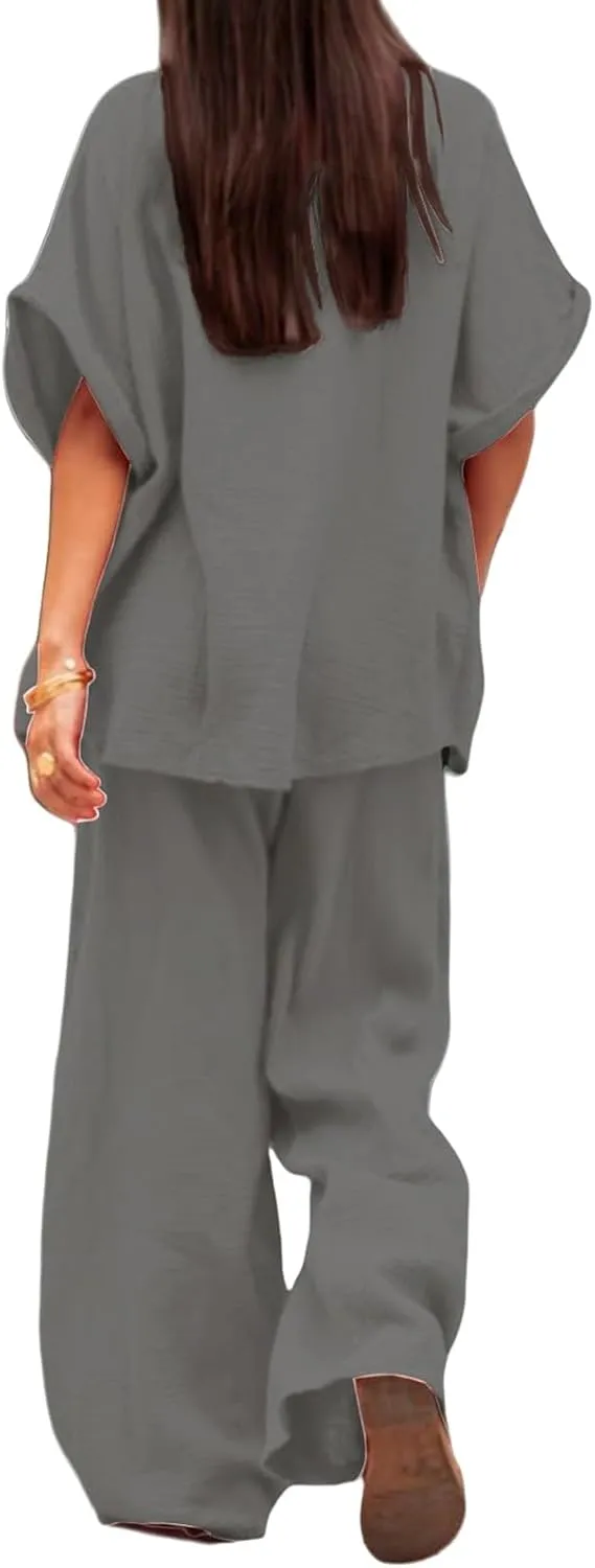 Canbebig Linen Set for Women Oversized Button Down Short Sleeve Blouses and Wide Leg Pants Sets Casual Loose Pants Suits